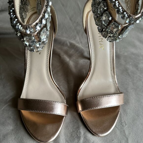 Liliana Rose Gold Open Toe Stiletto Heels with Rhinestone Ankle Strap - Picture 2 of 9